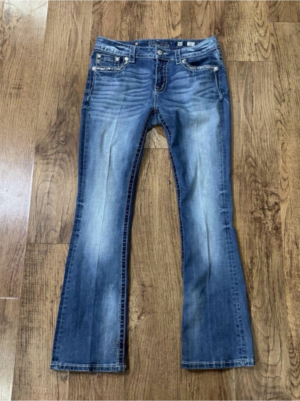 Miss Me Medium Blue Flare Jeans with Light Whisker Fade